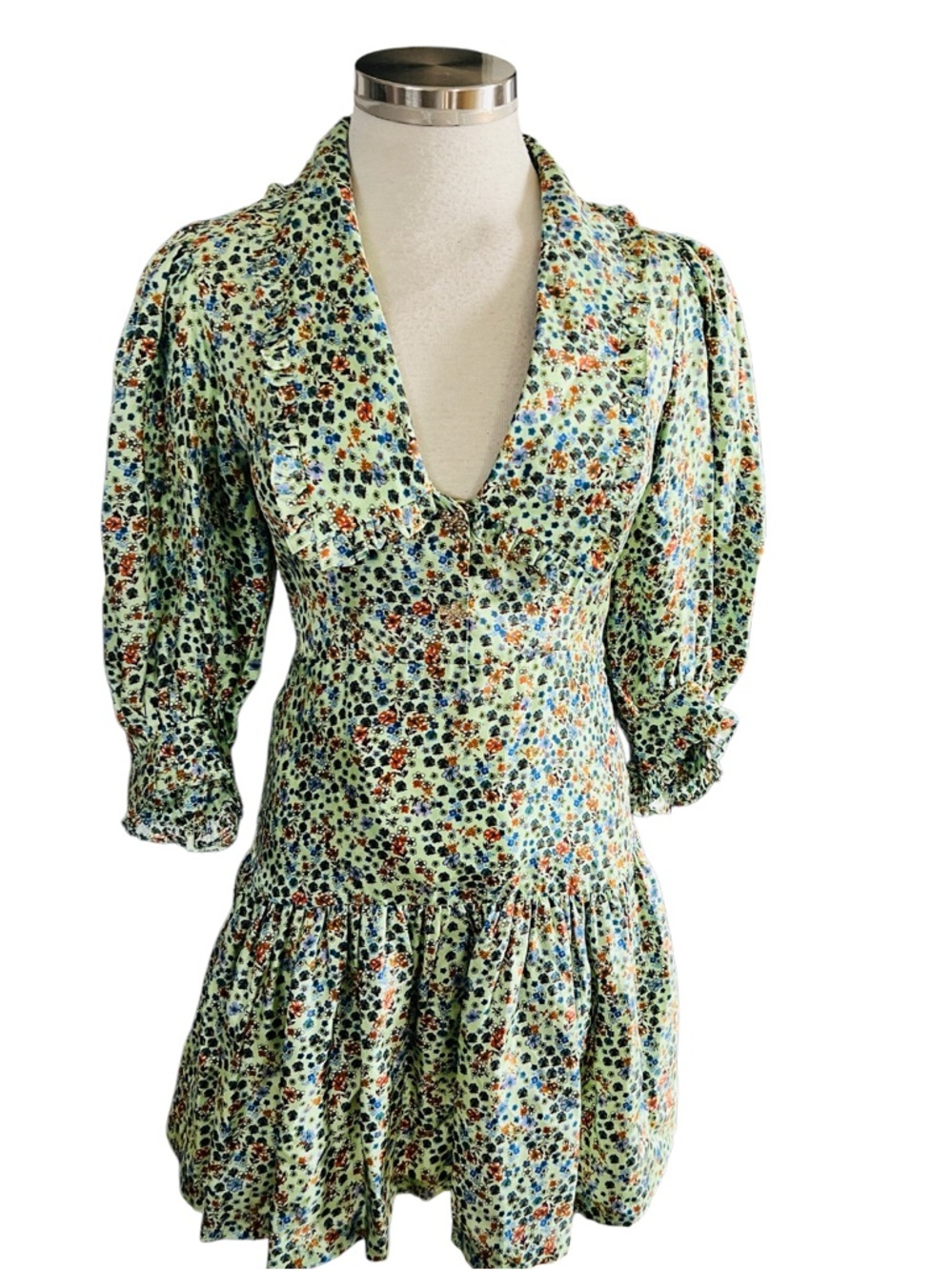 Sandro Eilat Floral-Print Silk Mini Dress - Green/Blue/White Size 34 US2 NWT - Picture 3 of 15